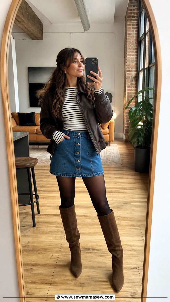 Knee High Boots with a Denim Skirt - 30 knee high boots outfit ideas