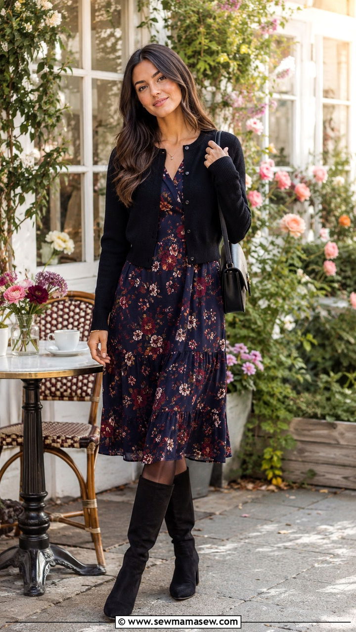 Knee High Boots with a Floral Midi Dress - 30 knee high boots outfit ideas