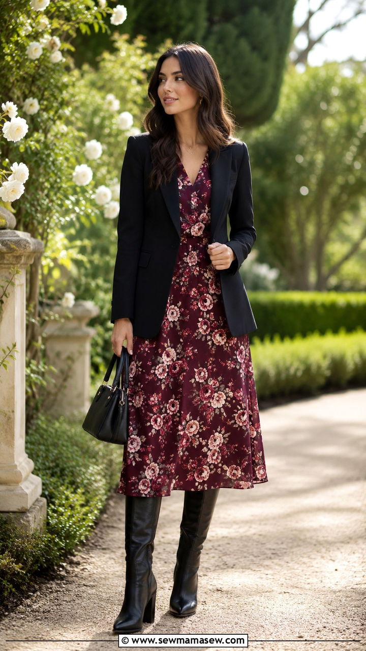 Knee High Boots with a Midi Dress and Structured Blazer - 30 knee high boots outfit ideas