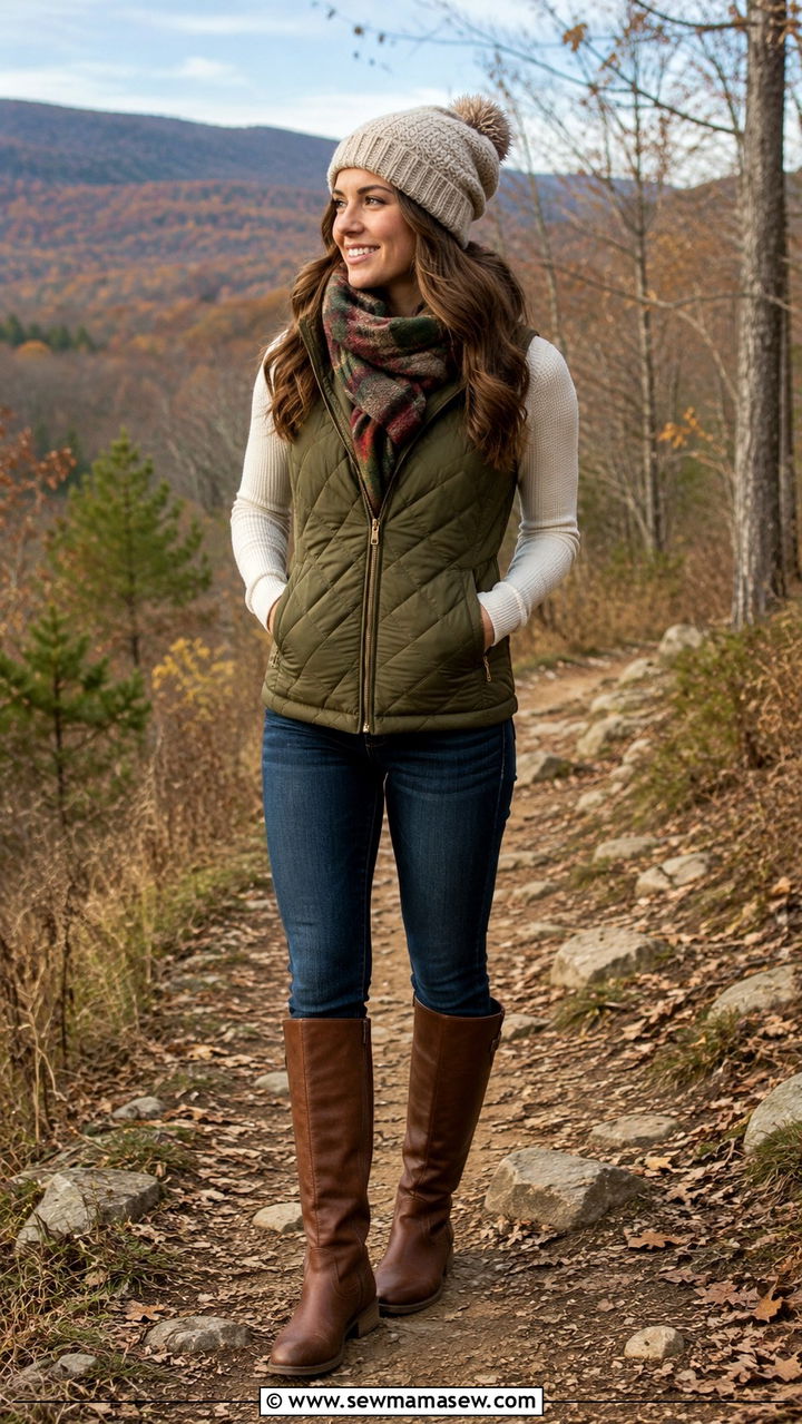 Knee High Boots with a Quilted Vest and Skinny Jeans - 30 knee high boots outfit ideas
