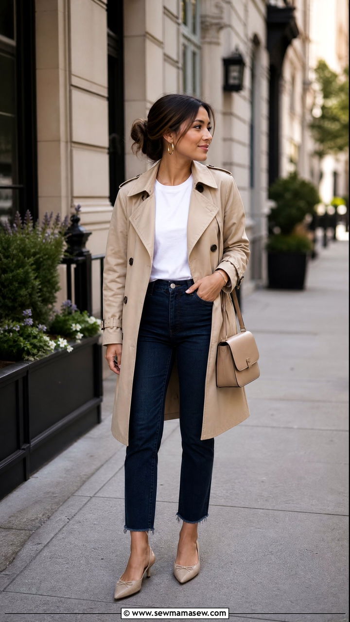 Knee Length Trench Coat with Ankle Jeans Outfit - 25 Petite outfit ideas under 5 feet