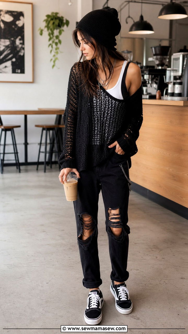 Knit Beanie And Layered Tanks Under Open Knit Sweater - 40 grunge outfits