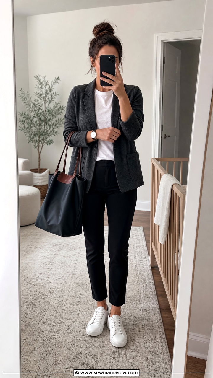 Knit Blazer and Slim Trousers With Tee Outfit - 25 work outfits for new moms