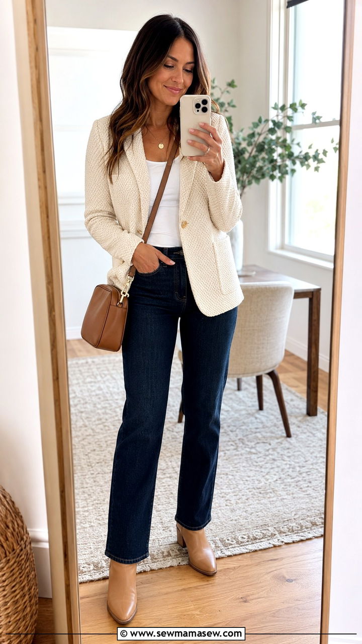 Knit Blazer with Dark Jeans and Ankle Boots - 30 Kindergarten graduation outfit ideas for moms