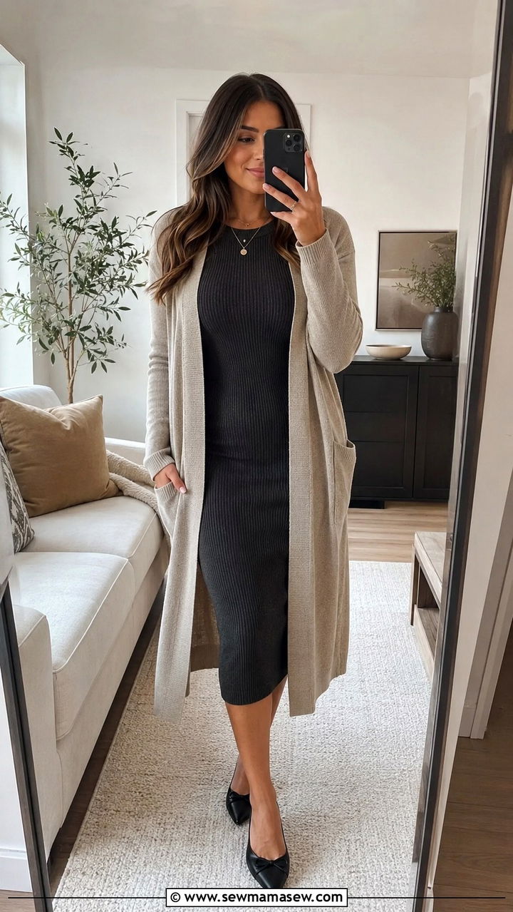 Knit Bodycon Dress with Pointed Flats - 25 Outfit ideas for hourglass figure for work