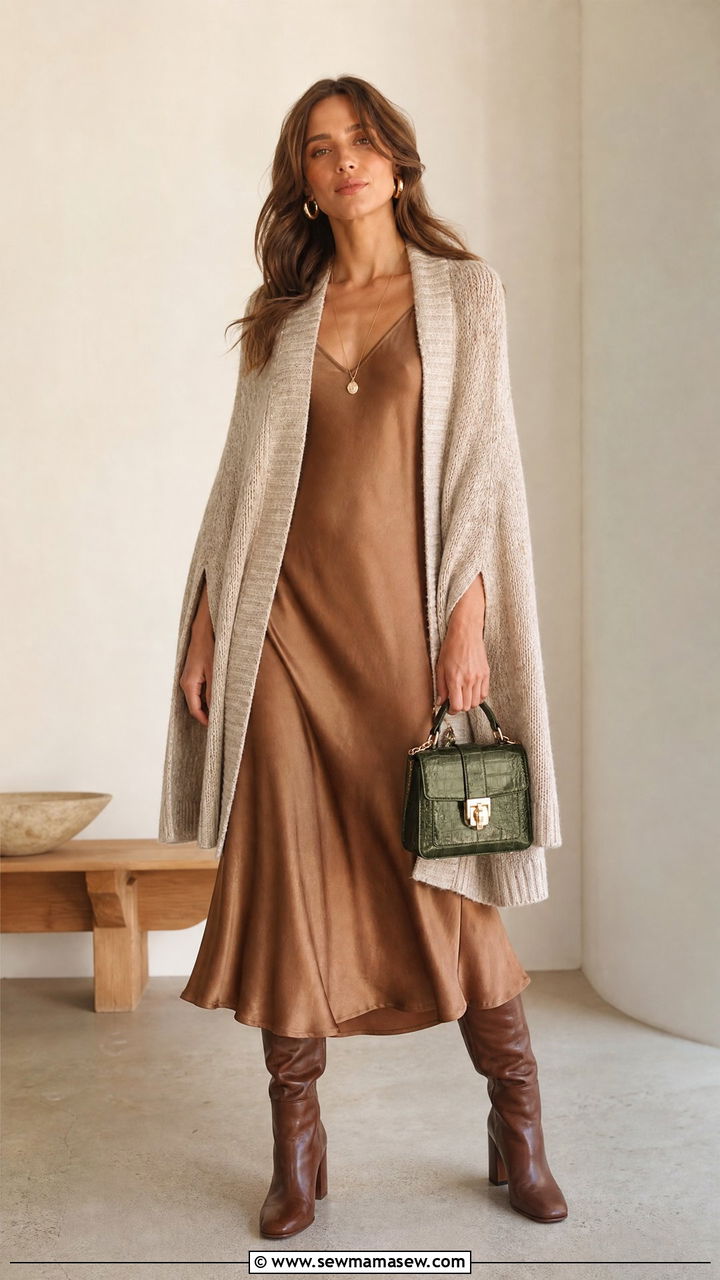 Knit Cape Cardigan Over a Silk Midi Dress - 25 Chloé boho outfit ideas