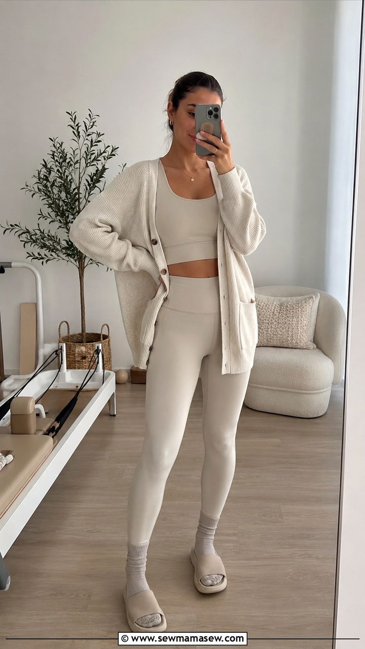 Knit Cardigan Layered Over Active Set - 25 Pilates instructor outfit ideas
