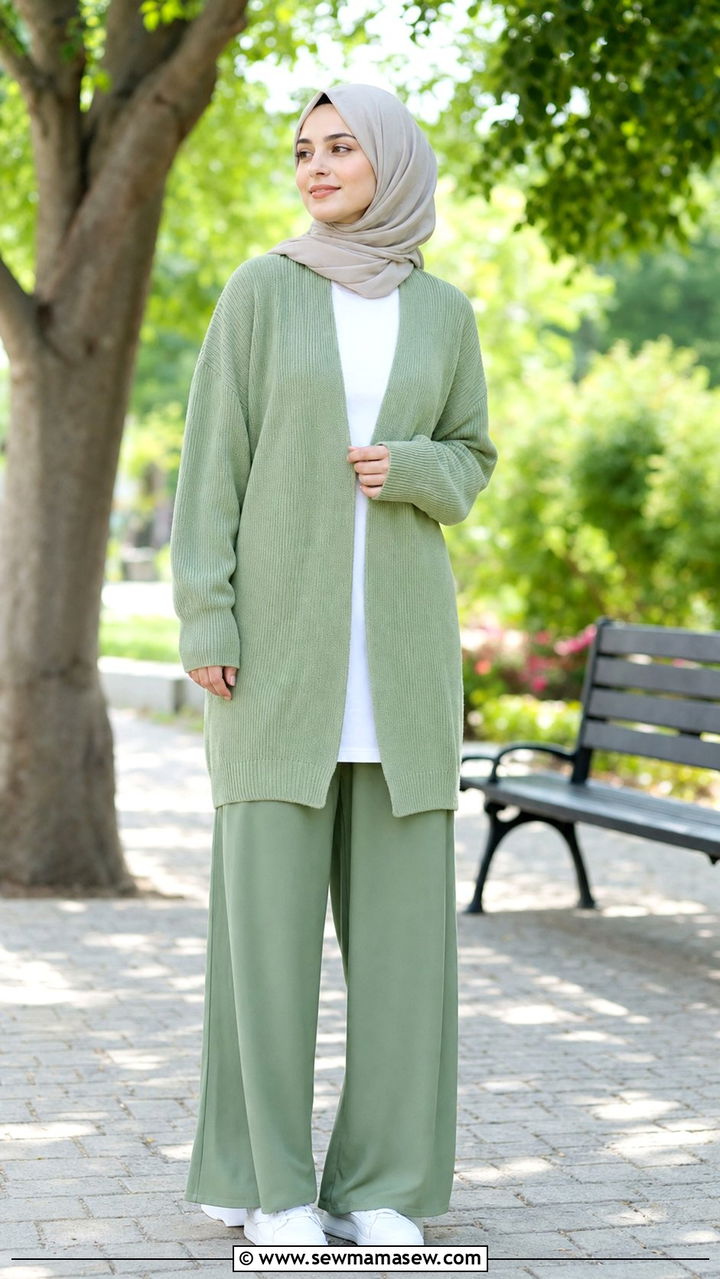 Knit Cardigan Layered Over Palazzo Pants Outfit - 25 spring outfits for hijab women
