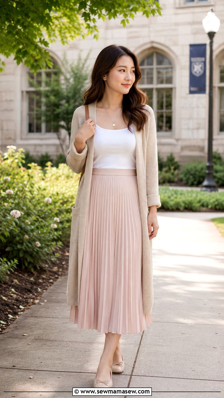 Knit Cardigan Midi Skirt Flats - 30 Preppy school outfits