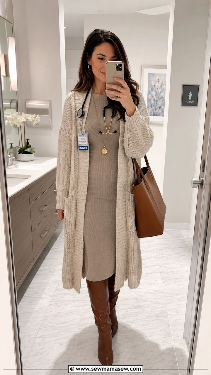 Knit Cardigan Over Midi Dress For Office - 30 Doctor outfit ideas