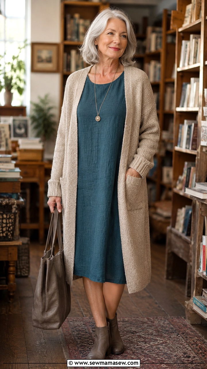 Knit Cardigan Over a Simple Dress - 30 Outfit ideas for boomer women