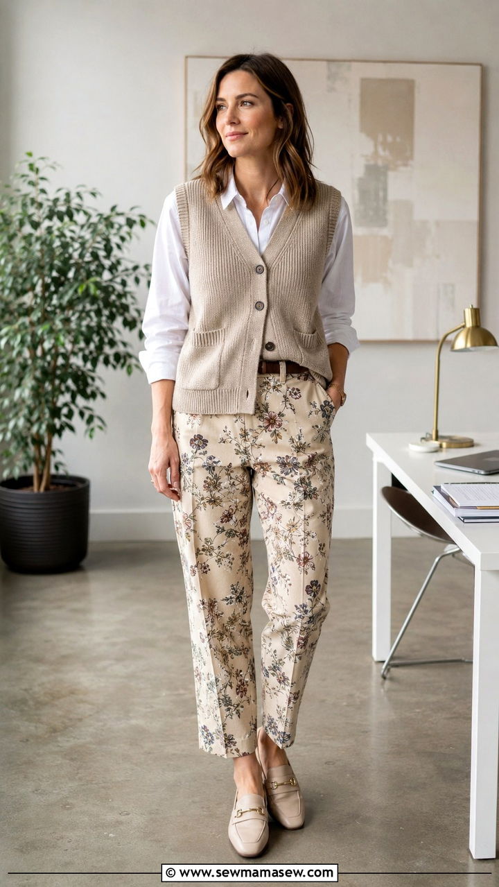 Knit Cardigan Vest Over a Button Down Shirt and Printed Trousers - 30 Spring outfits with cardigans