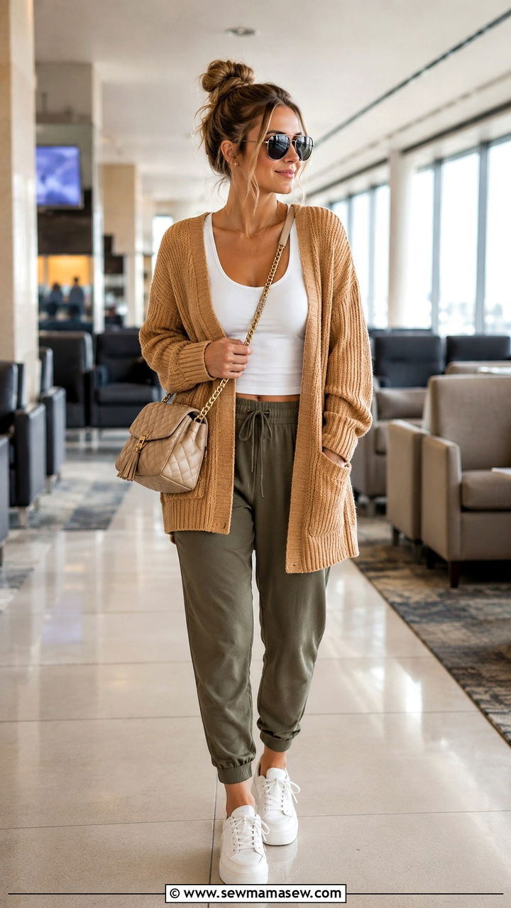Knit Cardigan With Joggers and Tank Top Travel Outfit - 20 How to style a cardigan for travel
