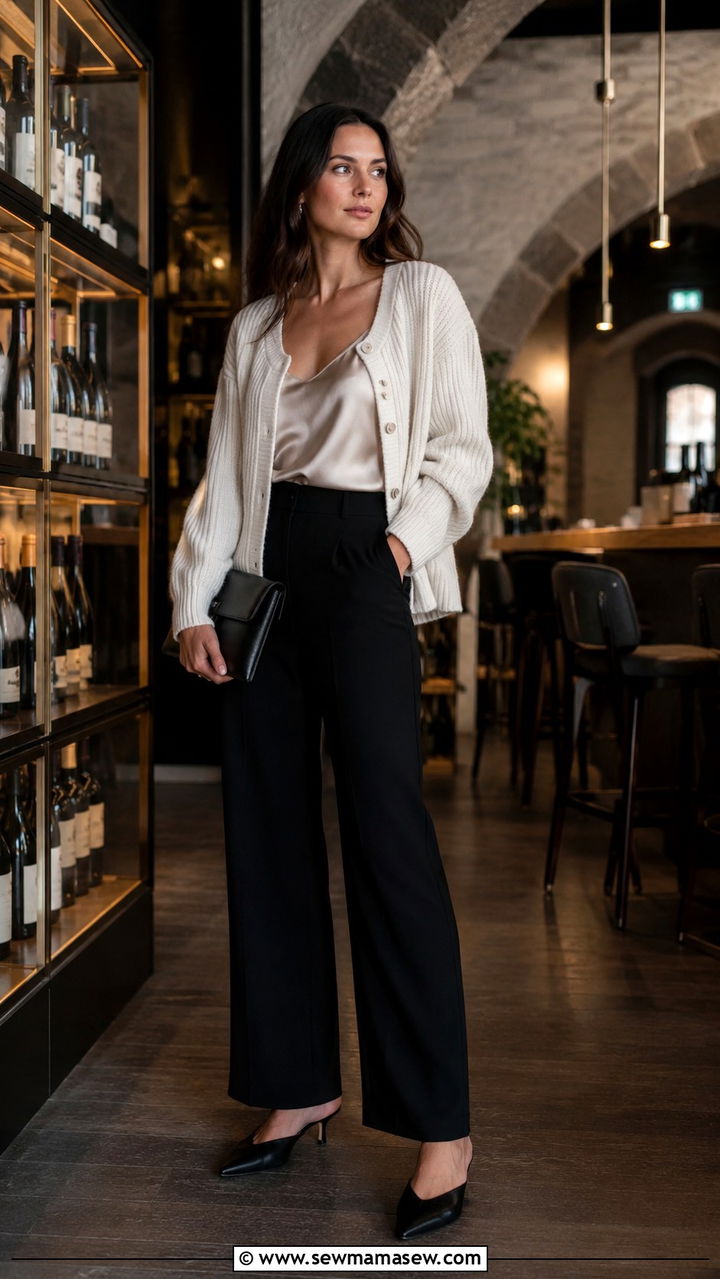 Knit Cardigan With Silk Camisole and Wide Leg Pants Outfit - 25 Prague outfit ideas