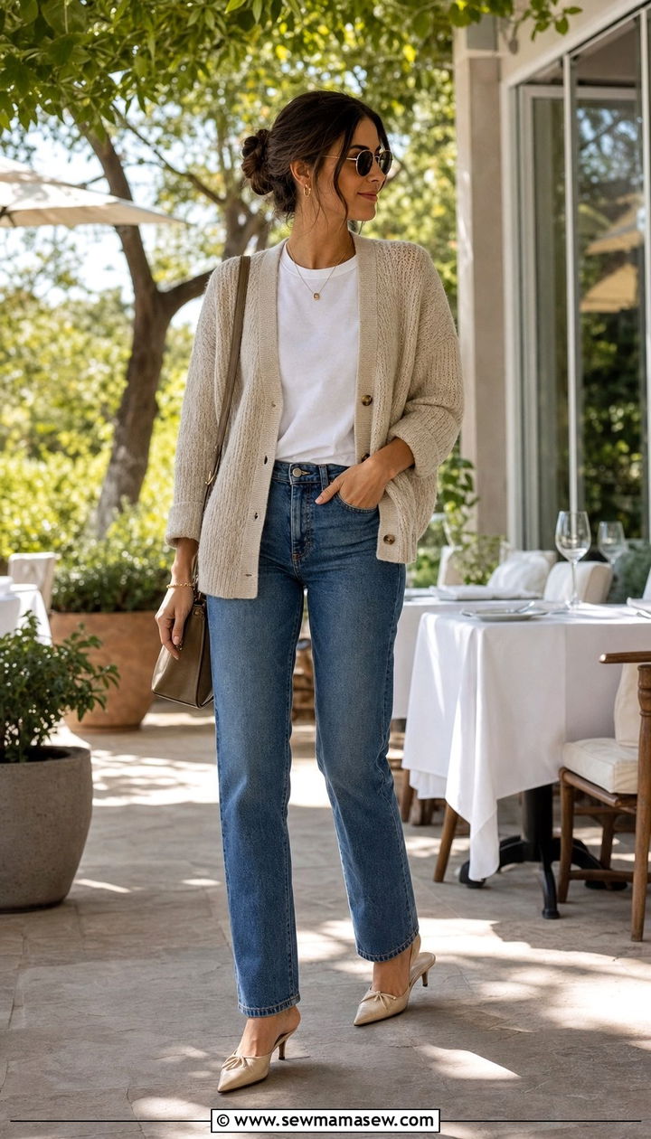 Knit Cardigan With Straight Leg Jeans and Kitten Heels - 25 spring outfits 2026 women to copy
