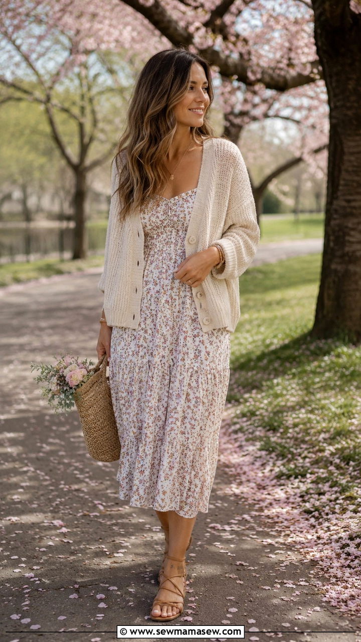Knit Cardigan With Sundress and Strappy Sandals - 30 transitional outfits aesthetic