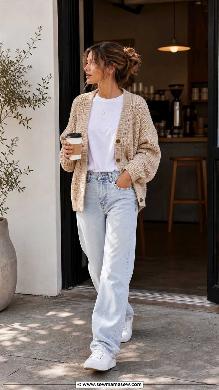 Knit Cardigan and Baggy Jeans Barista Outfit - 20 Barista outfit ideas