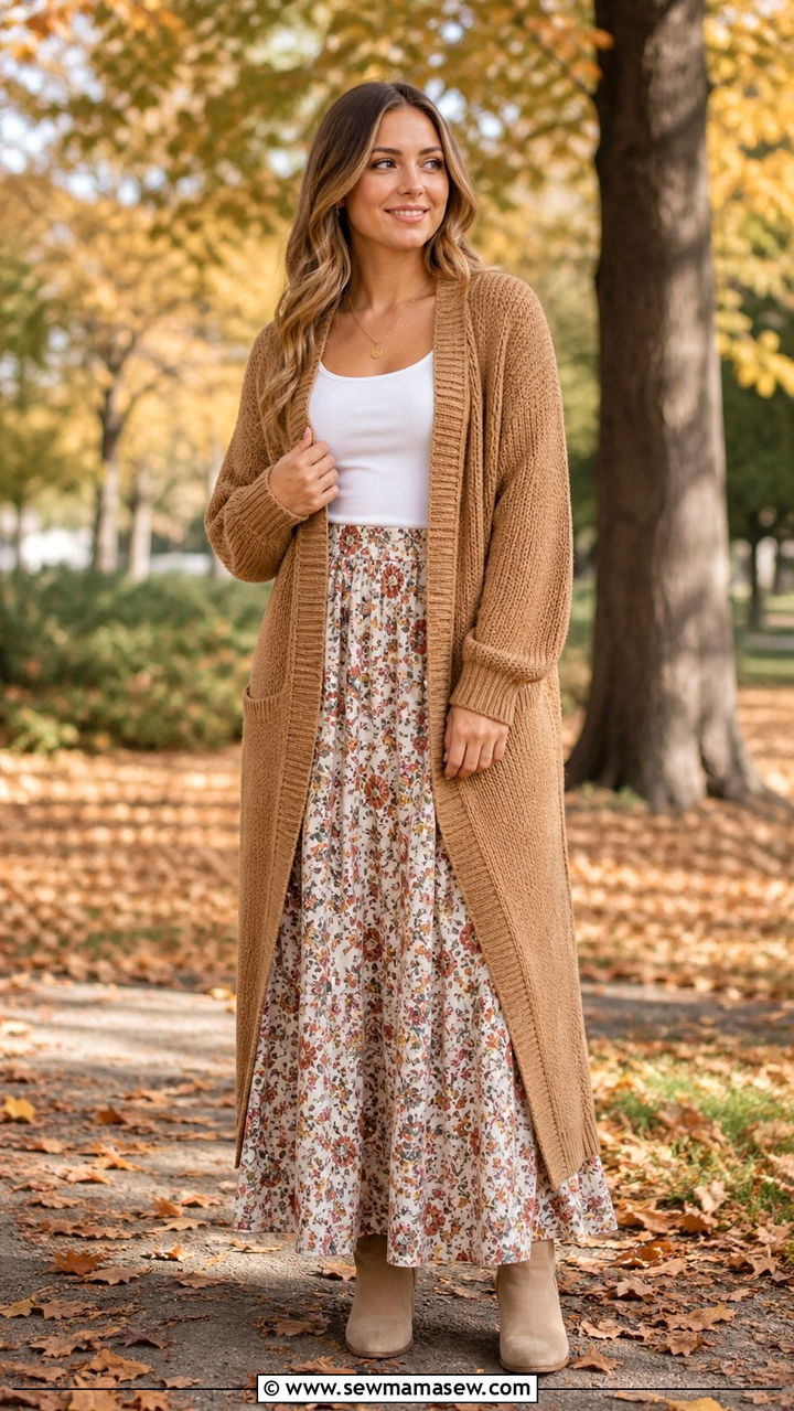 Knit Cardigan and Floral Maxi Skirt - 40 cute maxi skirt outfits