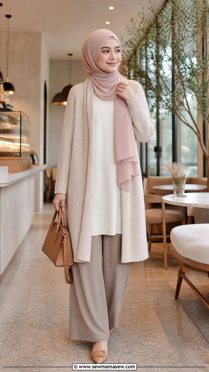 Knit Cardigan over Tunic and Palazzo Pants - 25 casual outfits for hijab women