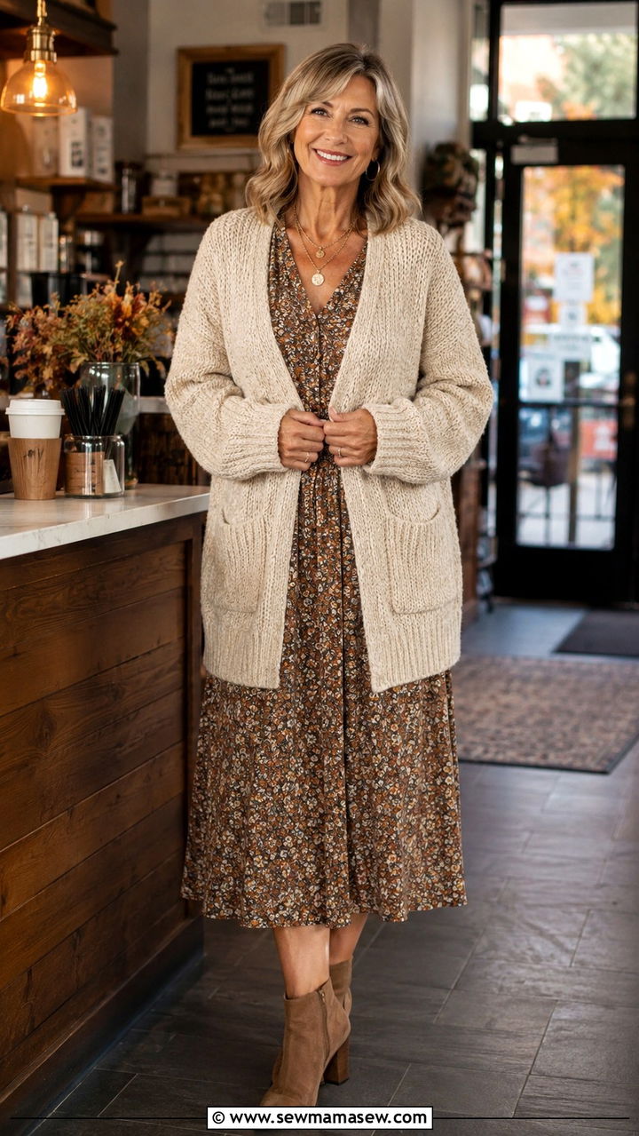 Knit Cardigan over a Flowy Midi Dress - 30 Boho outfit ideas for women over 50