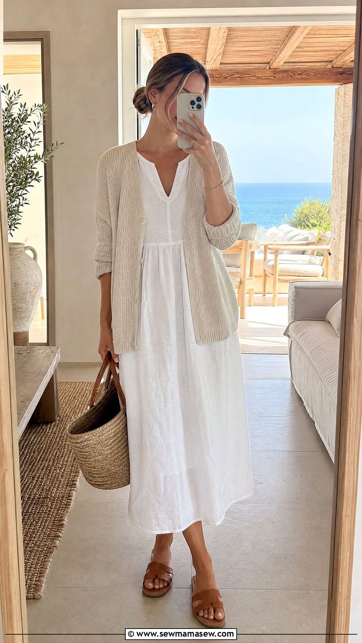 Knit Cardigan with Linen Midi Dress Outfit - 30 modest classy outfits ideas