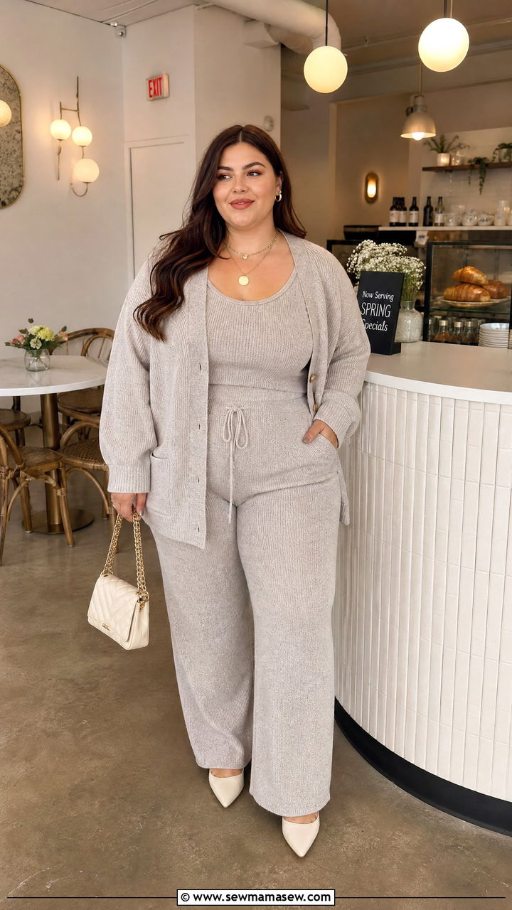 Knit Cardigan with Matching Trousers - 30 Plus size brunch outfits