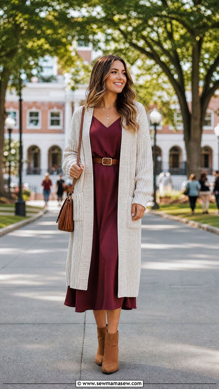 Knit Cardigan with Midi Dress - 35 Gameday outfit ideas college