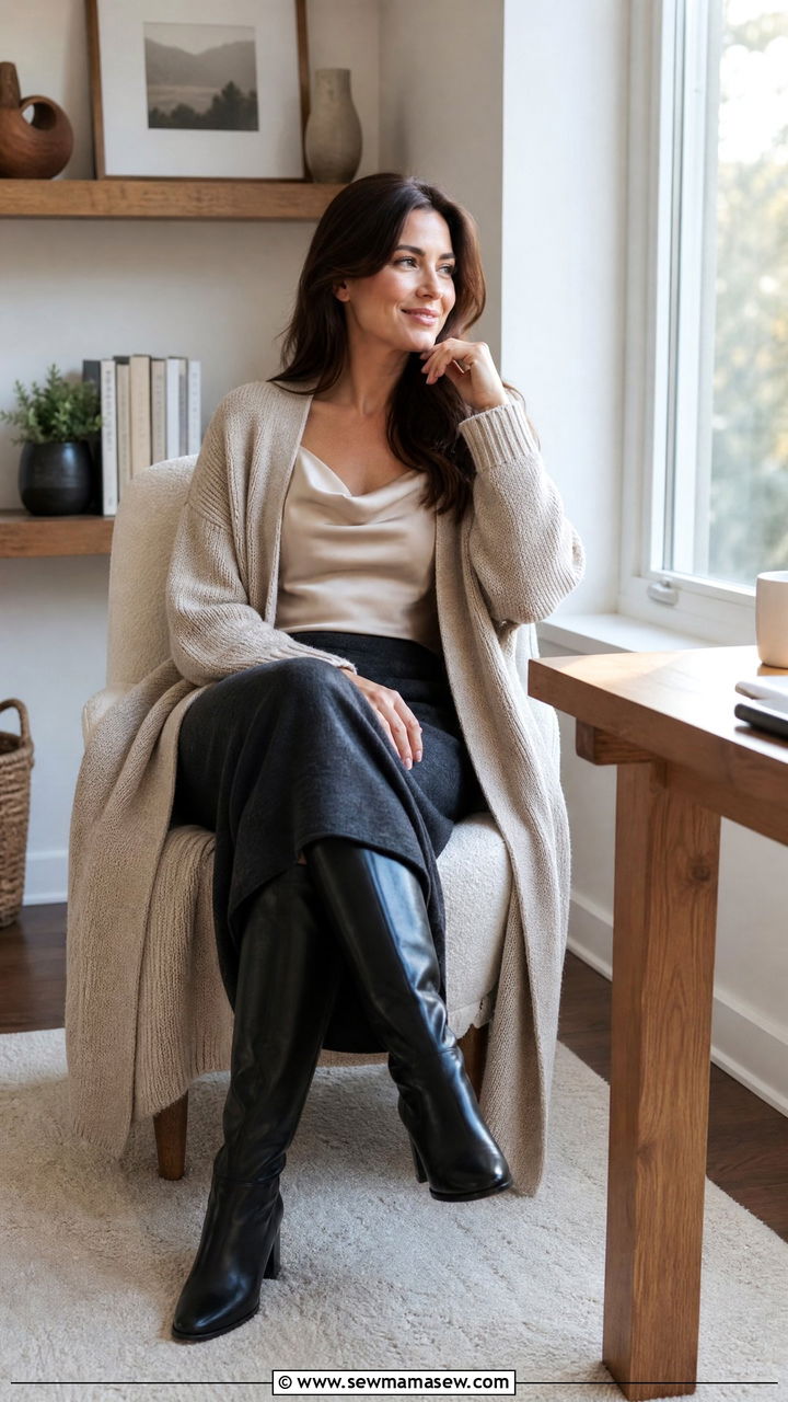 Knit Cardigan with Midi Skirt and Knee High Boots - 30 Marketing manager outfit ideas