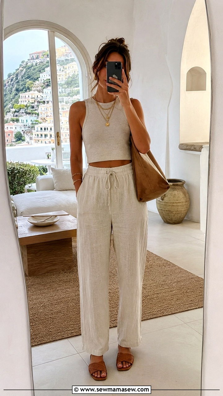 Knit Crop Top With High Waist Linen Trousers - 25 Positano vacation outfit ideas