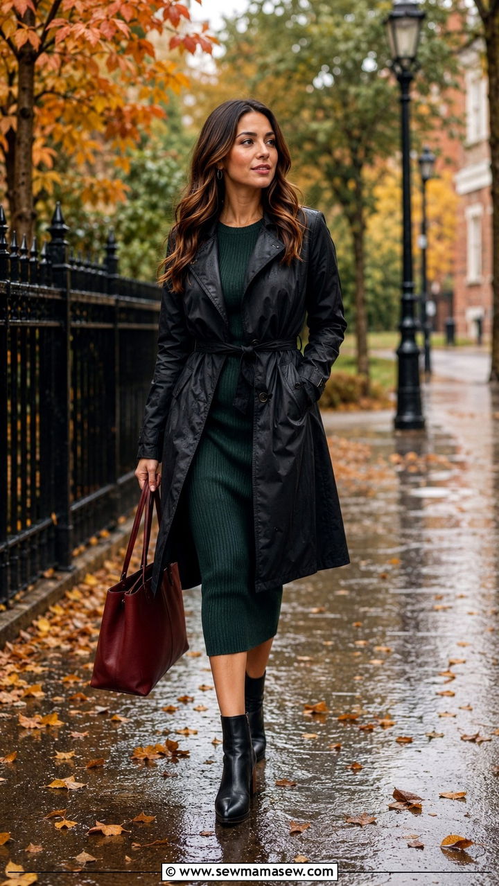 Knit Dress With Belted Raincoat And Boots - 30 Rainy day work outfit ideas