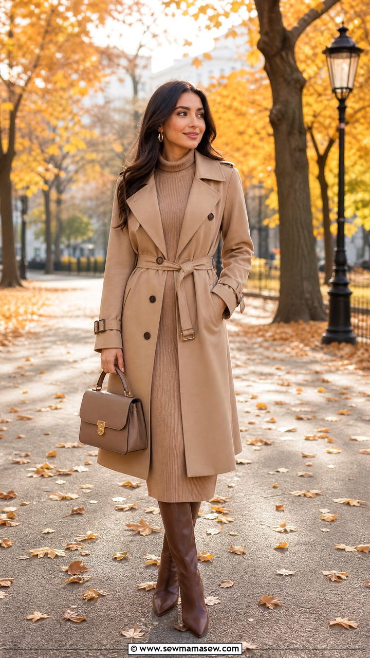 Knit Dress With Belted Trench Coat - 30 modest classy outfits for women