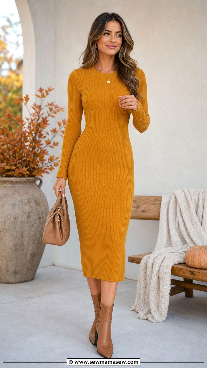 Knit Dress With Camel Boots and Minimal Jewelry - 25 cute quiet luxury outfits