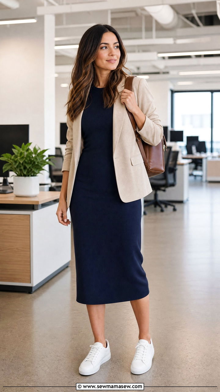 Knit Dress With Clean Sneakers - 25 Business casual outfits with dress