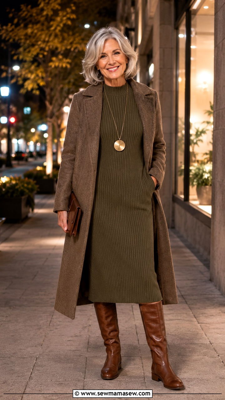 Knit Dress With Knee High Boots - 30 Night out outfit ideas women over 60