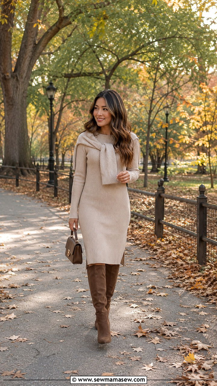Knit Dress With Knee High Boots - 30 transitional petite outfit ideas