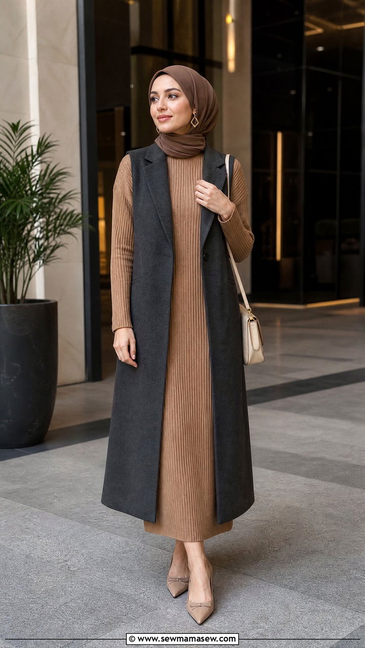 Knit Dress With Longline Vest - 30 modest classy outfits for women