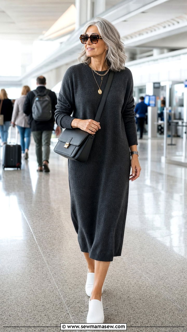 Knit Dress With Slip On Sneakers - 35 Airport outfit ideas for women over 50