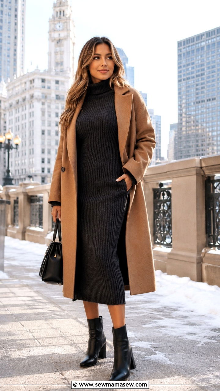 Knit Dress and Ankle Boots With Coat - 30 Minimalist travel outfits