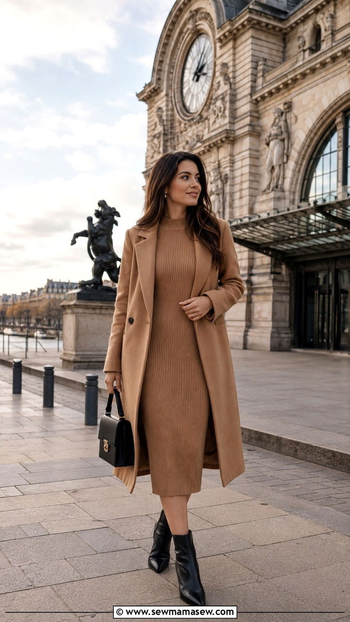 Knit Dress with Ankle Boots and a Long Coat - 30 spring paris trip outfit ideas