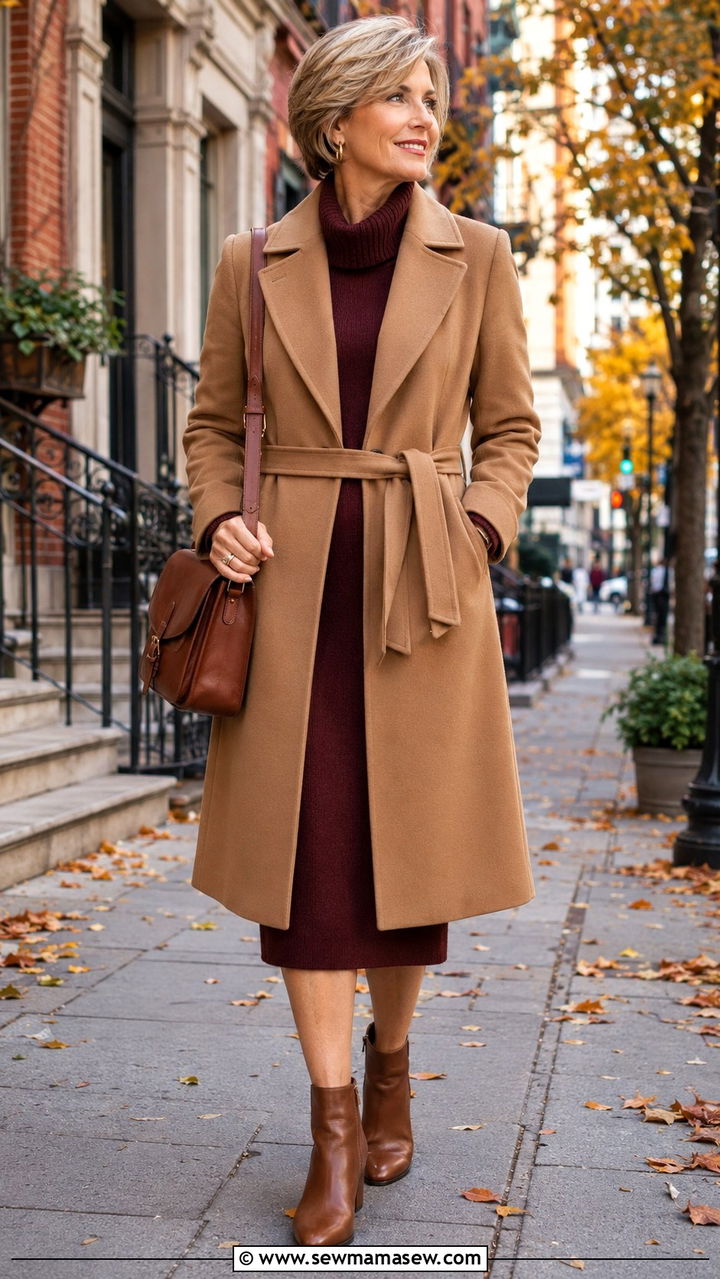 Knit Dress with Belted Coat and Ankle Boots - 25 Weekend outfit ideas for women over 50