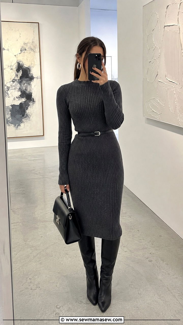 Knit Dress with Leather Boots Outfit - 20 Art show outfit ideas
