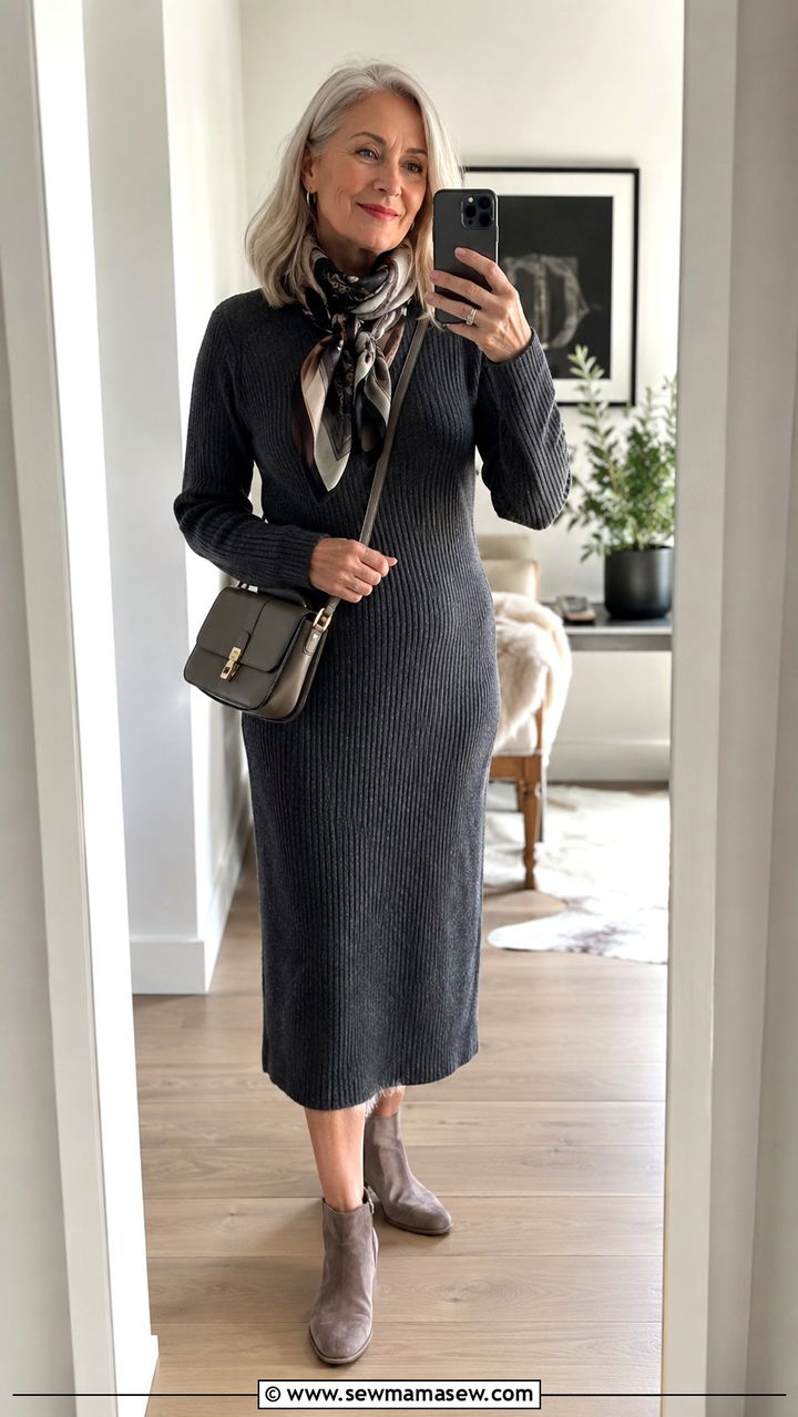 Knit Dress with Low Ankle Boots - 20 Work outfit ideas for women over 60 2026