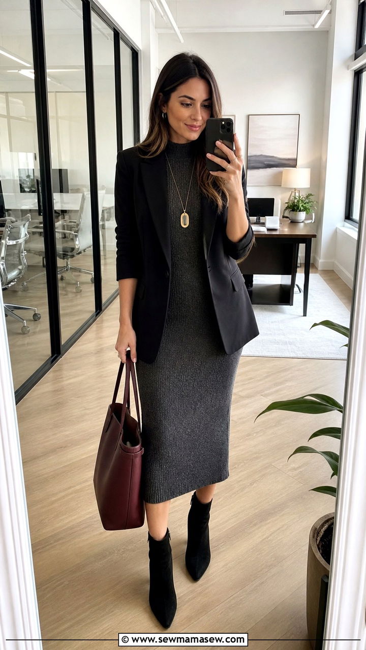 Knit Dress with Structured Blazer and Ankle Boots - 40 classy business casual outfits