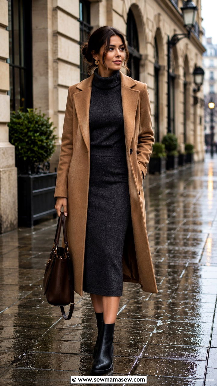 Knit Dress with Structured Coat and Waterproof Boots - 30 classy rainy day outfits