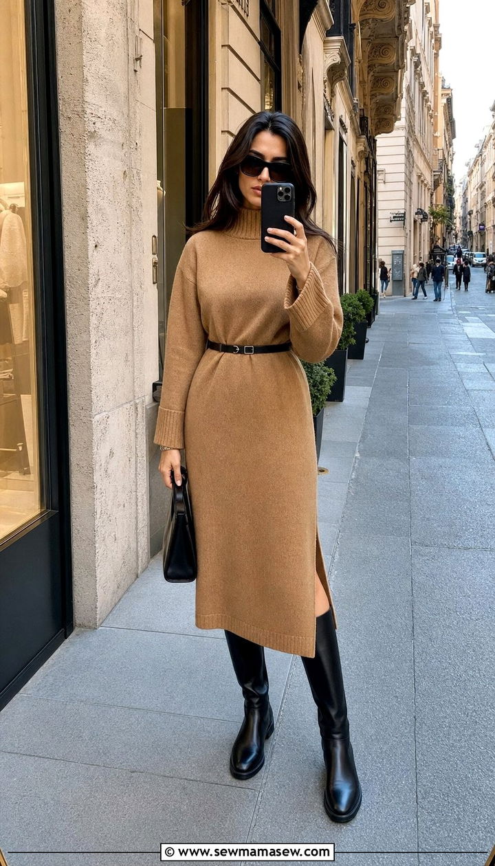 Knit Dress with a Belt and Knee High Boots - 25 Spring week in Italy outfits