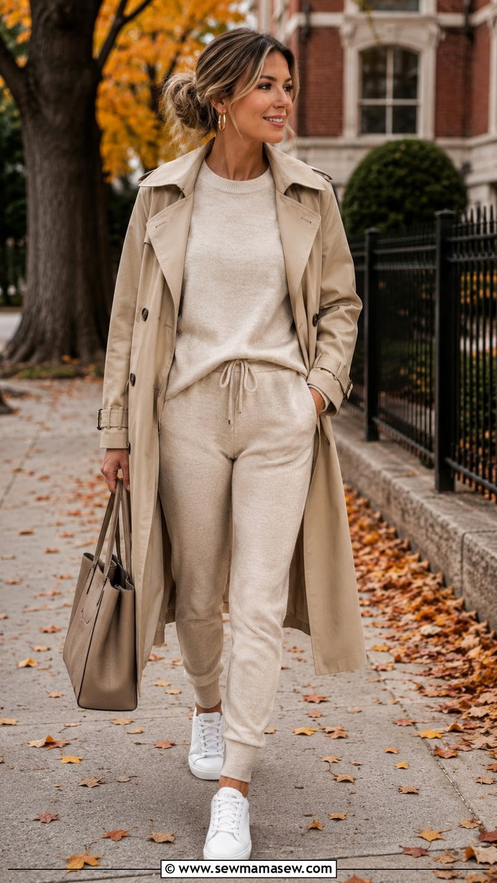 Knit Jogger Set With Classic Trench Coat - 25 Athleisure outfit ideas school run