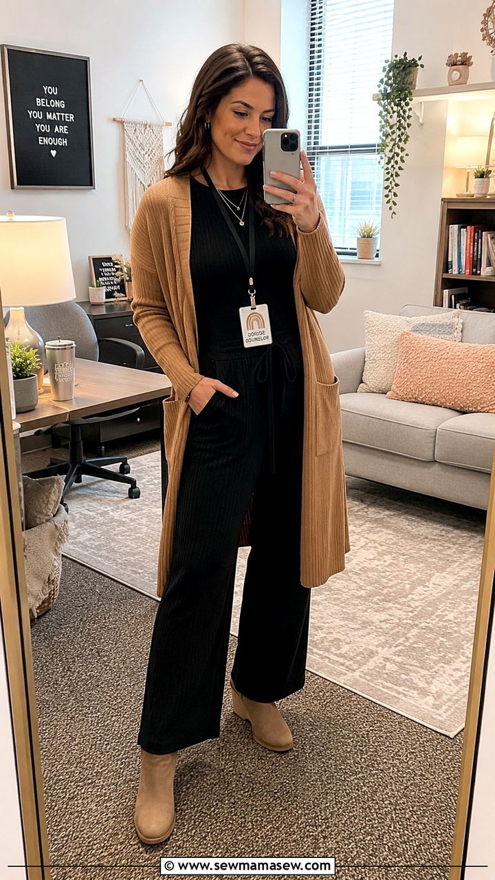 Knit Jumpsuit Longline Cardigan Wedge Ankle Boots - 30 School counselor outfit ideas