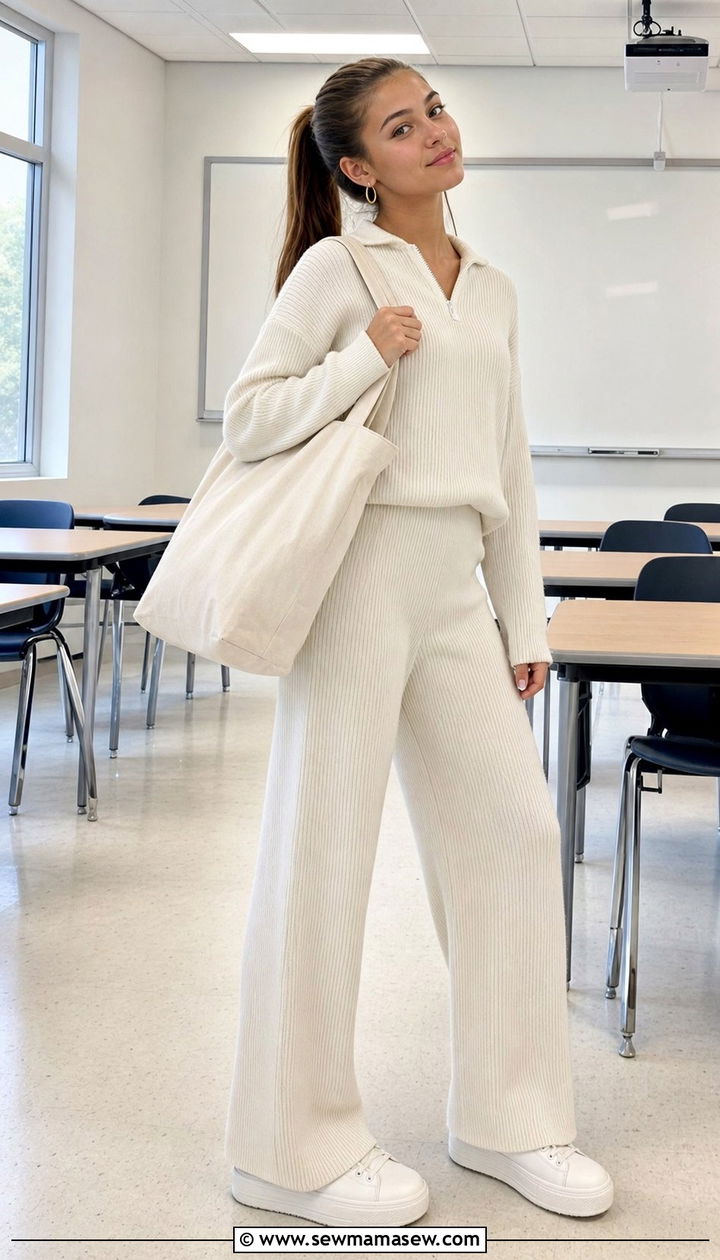 Knit Lounge Matching Set with Oversized Tote Bag Outfit - 35 Back to school outfit ideas 10th grade