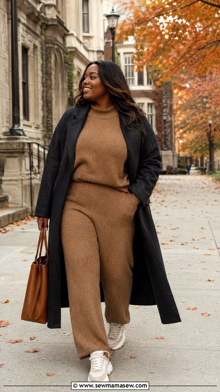 Knit Lounge Set With Longline Coat And Chunky Trainers - 30 Plus size outfit ideas for college