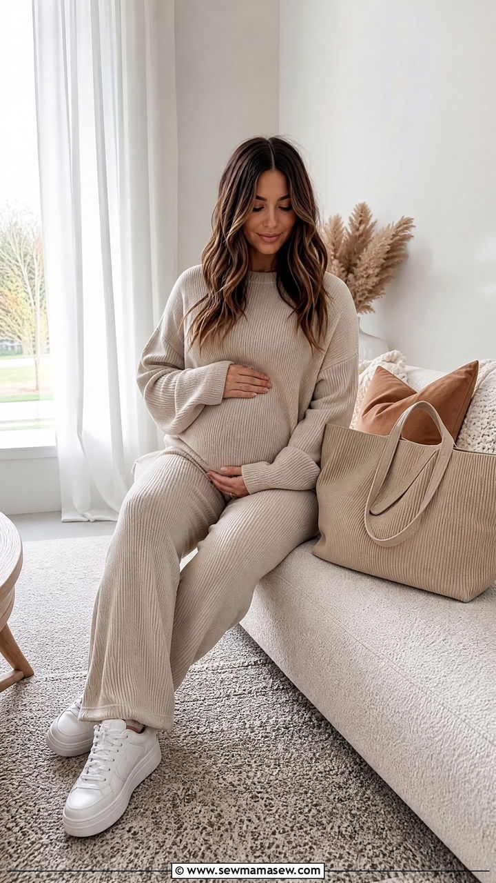 Knit Lounge Set With Oversized Tote and Sneakers - 25 Gender reveal photo outfit ideas 2026